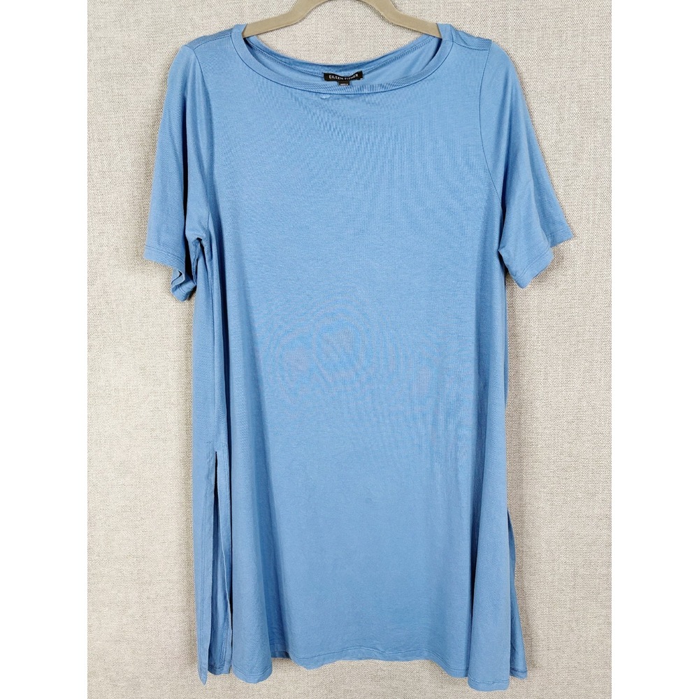 Eileen Fisher Womens Medium Blue Tunic Stretch Short Sleeve Knit Top Office